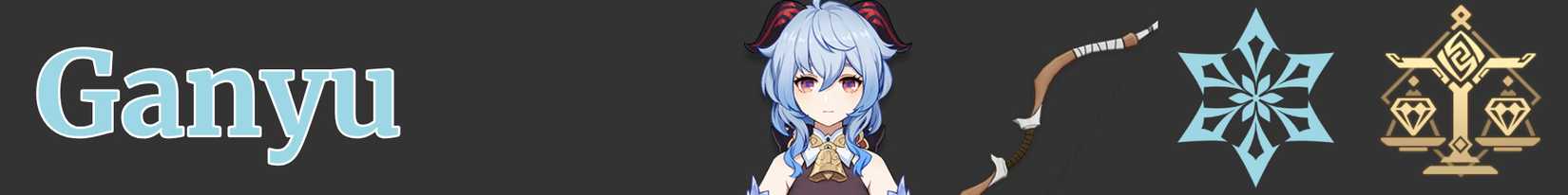 a narrow image strip with icons representing ganyu's weapon, element, and region - bow cryo liyue - genshin impact