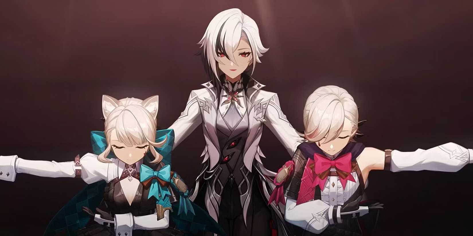 Arlecchino standing behind Lyney and Lynette, who are bowing - Genshin impact 