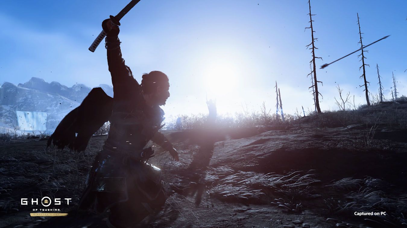 A screenshot of Jin Sakai readying his sword for combat in Ghost of Tsushima. - Ghost of Tsushima Director’s Cut is now available to pre-order on Steam and the Epic Games Store, and those who do will gain access to early in-game unlocks like a special New Game Plus horse, a Traveler’s Attire outfit, and Broken Armor dyes from Baku’s shop
