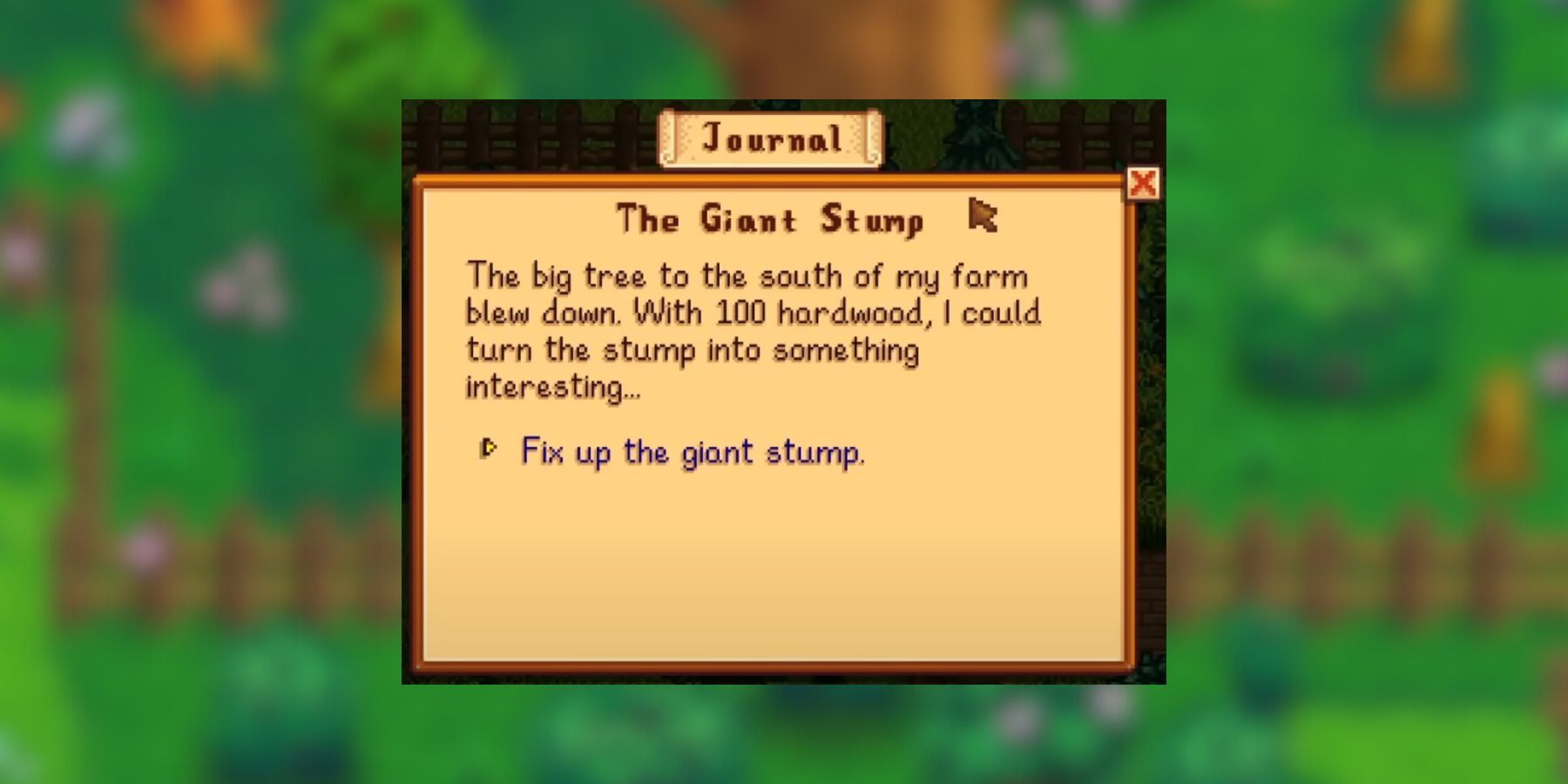 the giant stump quest description in stardew valley 1.6.