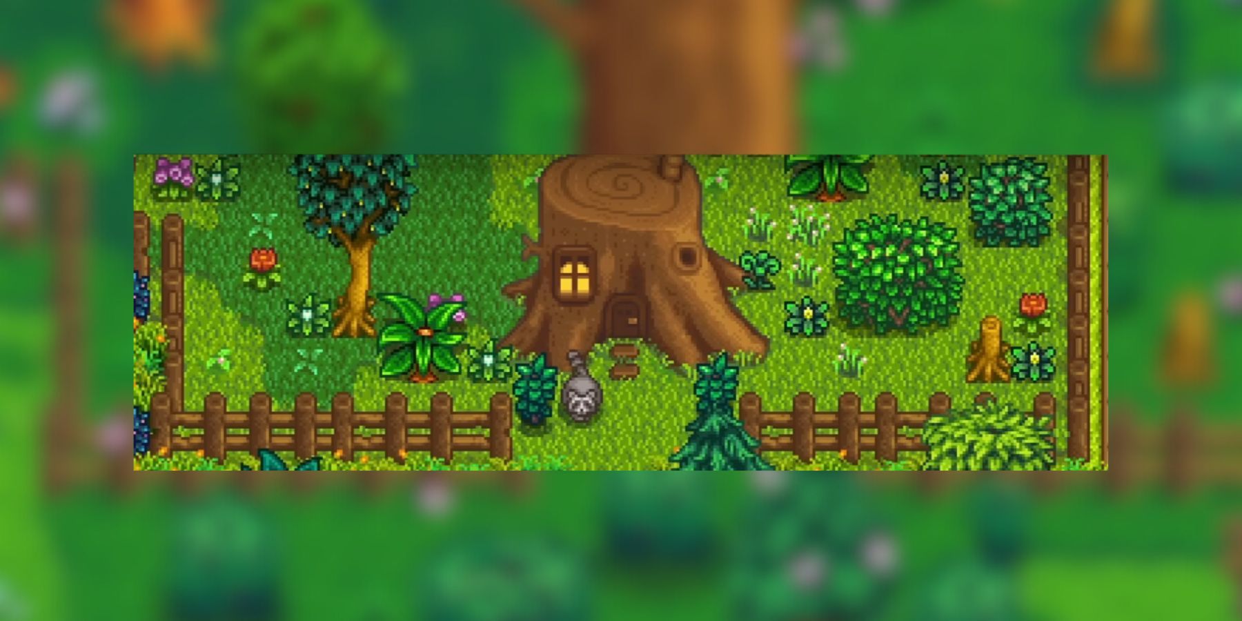 the raccoon in front of the giant stump in stardew valley.