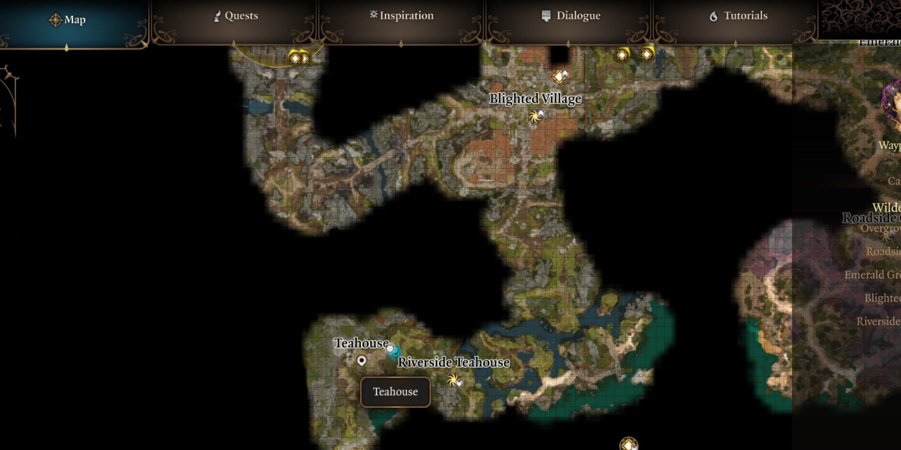 gnarled teahouse map - Once you've arrived at this location, you will find Auntie Ethel inside, either in her humanoid disguise or her true Hag form, depending on how her previous confrontation with Mayrina's brothers went