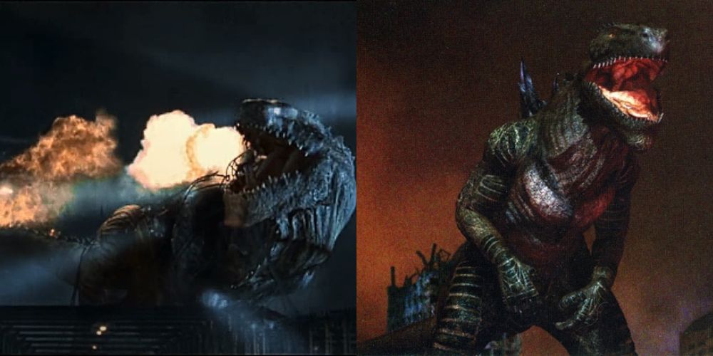 Godzilla 1998 gets killed by missiles vs. Zilla fighting Godzilla.