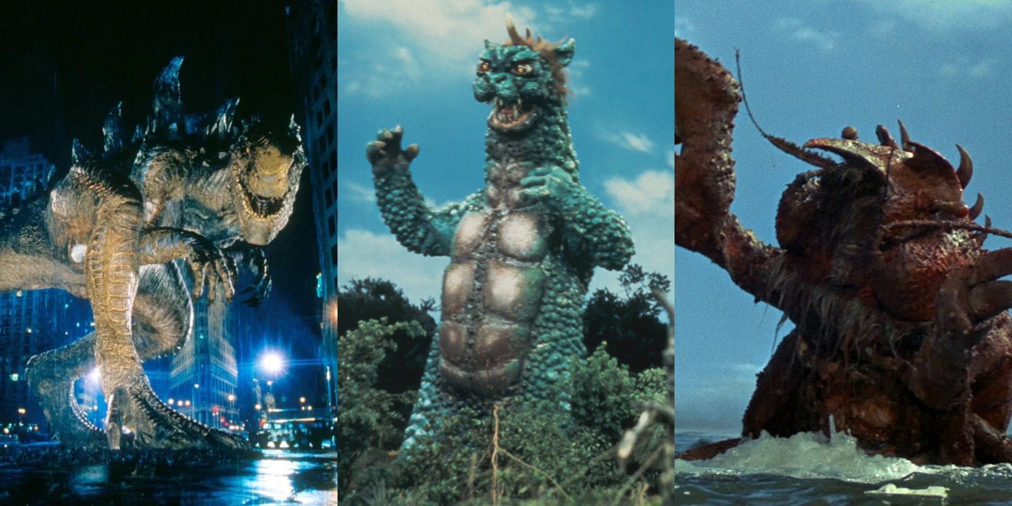 A collage of some of the weakest monsters in the Godzilla Franchise: Zilla, Gabara and Ebirah.