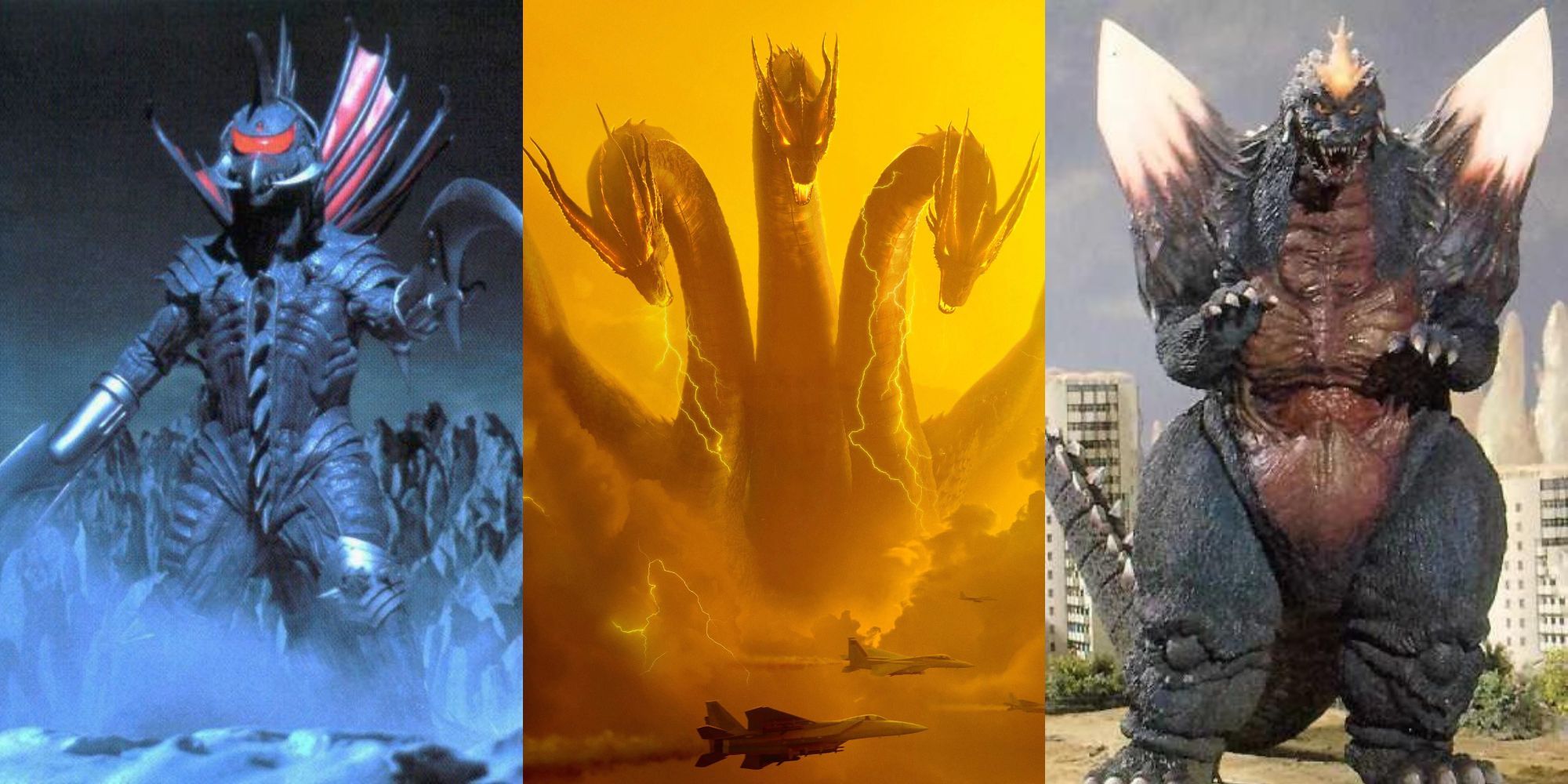A collage with some of the most famous alien monsters from the Godzilla franchise: Gigan, King Ghidorah and SpaceGodzilla.
