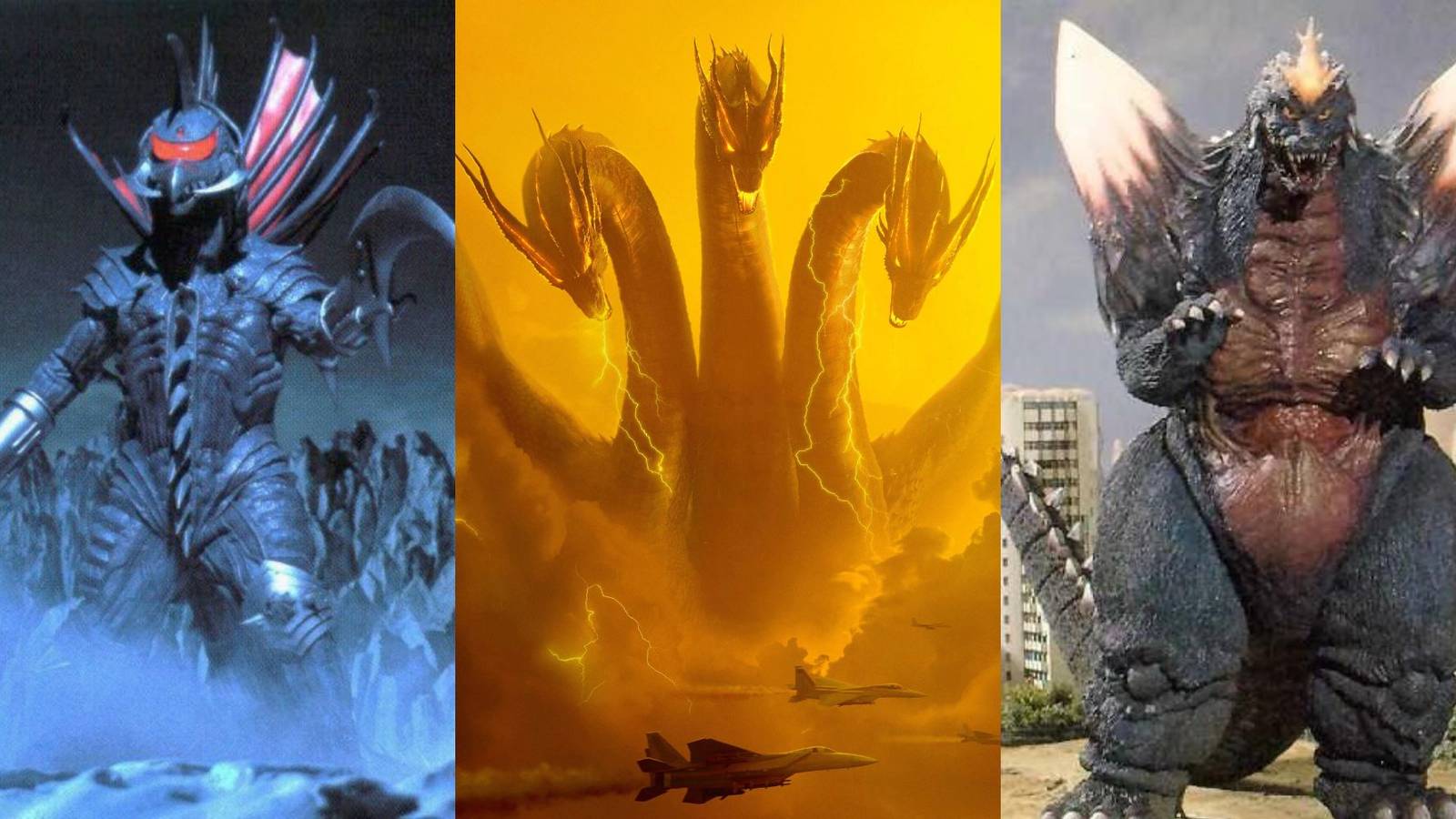 A collage with some of the most famous alien monsters from the Godzilla franchise: Gigan, King Ghidorah and SpaceGodzilla.