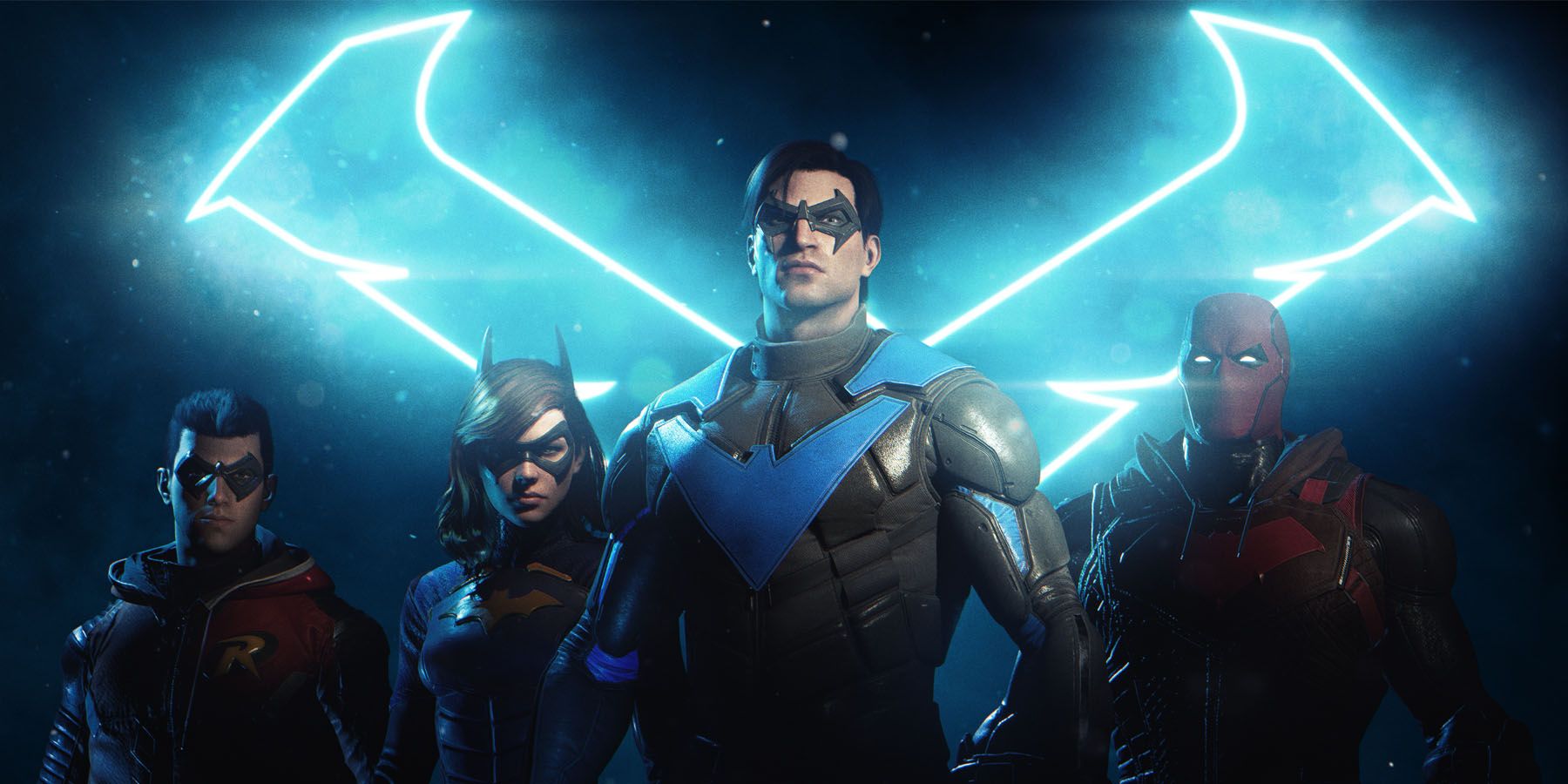 A promotional image of the heroes of Gotham Knights standing in front of Nightwing's blue insignia.