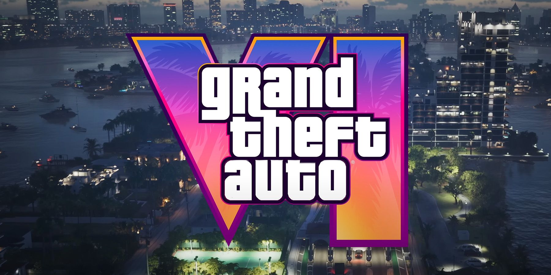Grand Theft Auto 6 logo over Vice City aerial view screenshot from GTA 6 trailer 1
