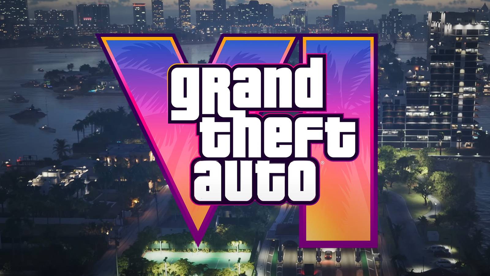Grand Theft Auto 6 logo over Vice City aerial view screenshot from GTA 6 trailer 1