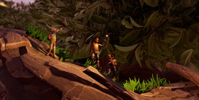 Thre characters looking at ana object in the distance in Grounded