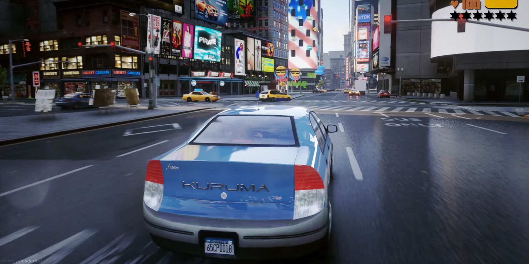 GTA 3 Flames Per Second Unreal Engine 5 remake concept Kuruma driving across rainy Bedford Point Times Square screenshot