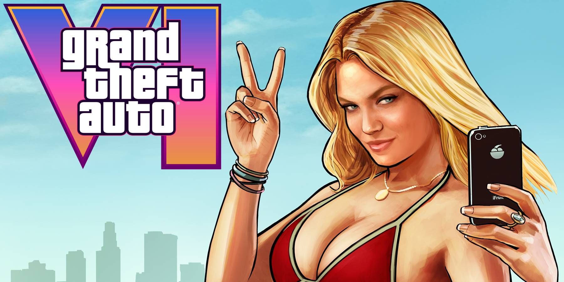 GTA 5 promo art of a woman taking a selfie with the GTA 6 logo