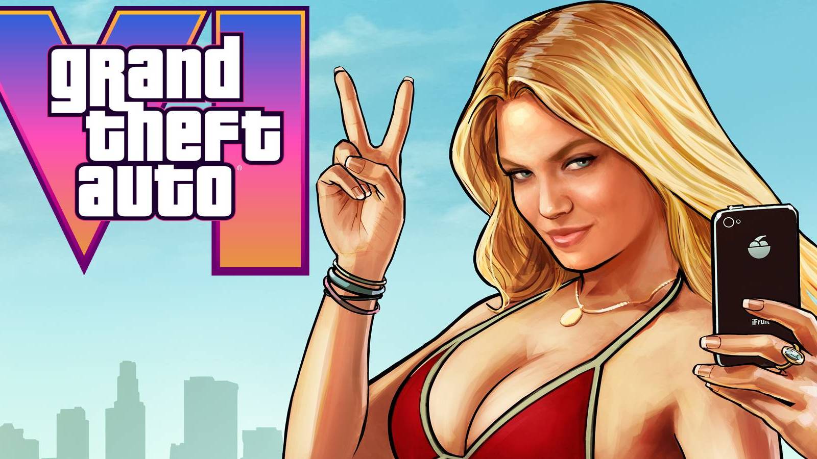 GTA 5 promo art of a woman taking a selfie with the GTA 6 logo