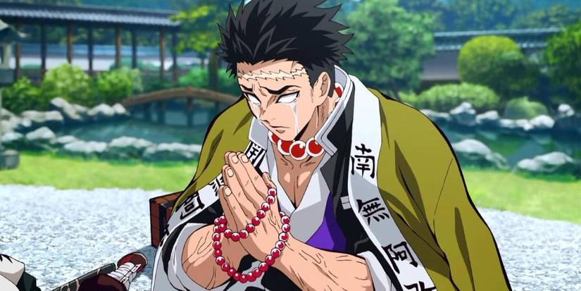 Gyomei Himejima praying for Nezuko and Tanjiro.
