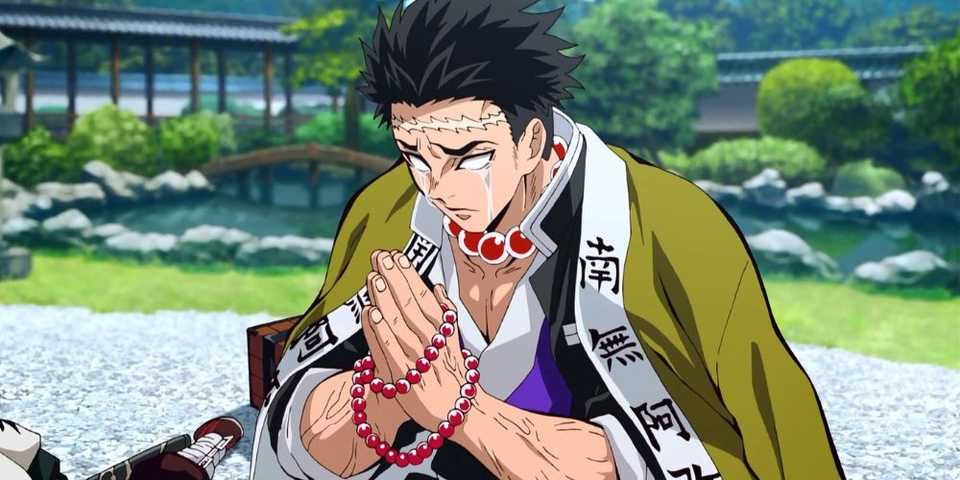 Gyomei Himejima praying for Nezuko and Tanjiro.