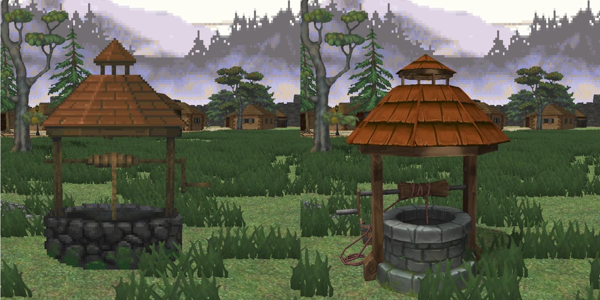 Comparing a water well before and after adding Handpainted Model Replacements to Daggerfall Unity 