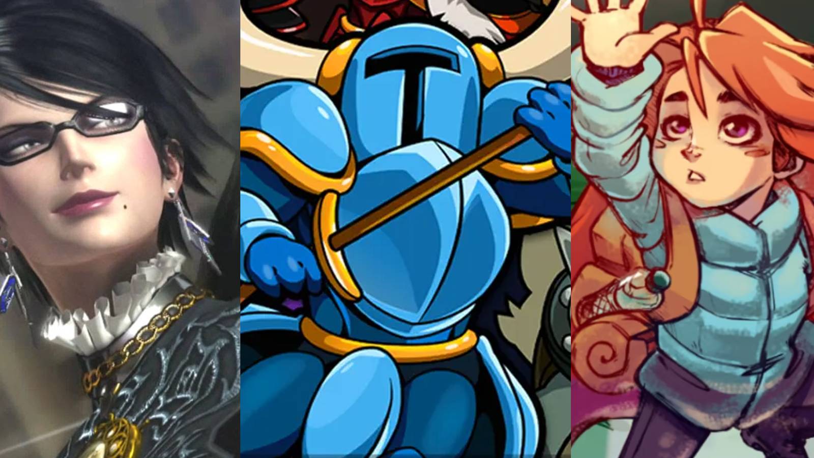 Bayonetta smirking; Shovel Knight running; Celeste reaching in the air