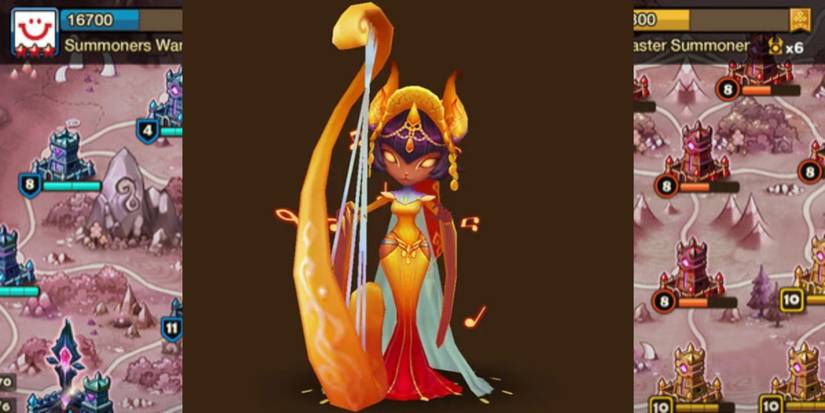 Harmonia from Summoners War against a background from the game.