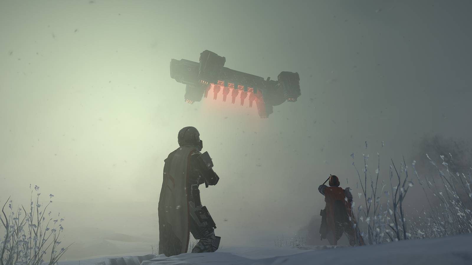 Helldivers 2 two soldiers watching aircraft in the sky