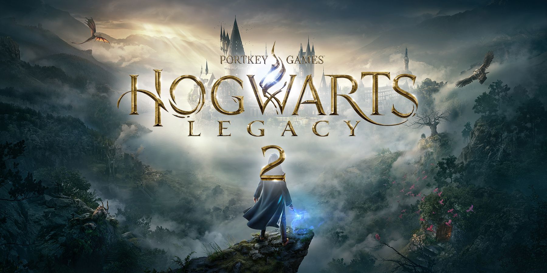 Hogwarts Legacy 2 fake logo over Hogwarts Legacy key art