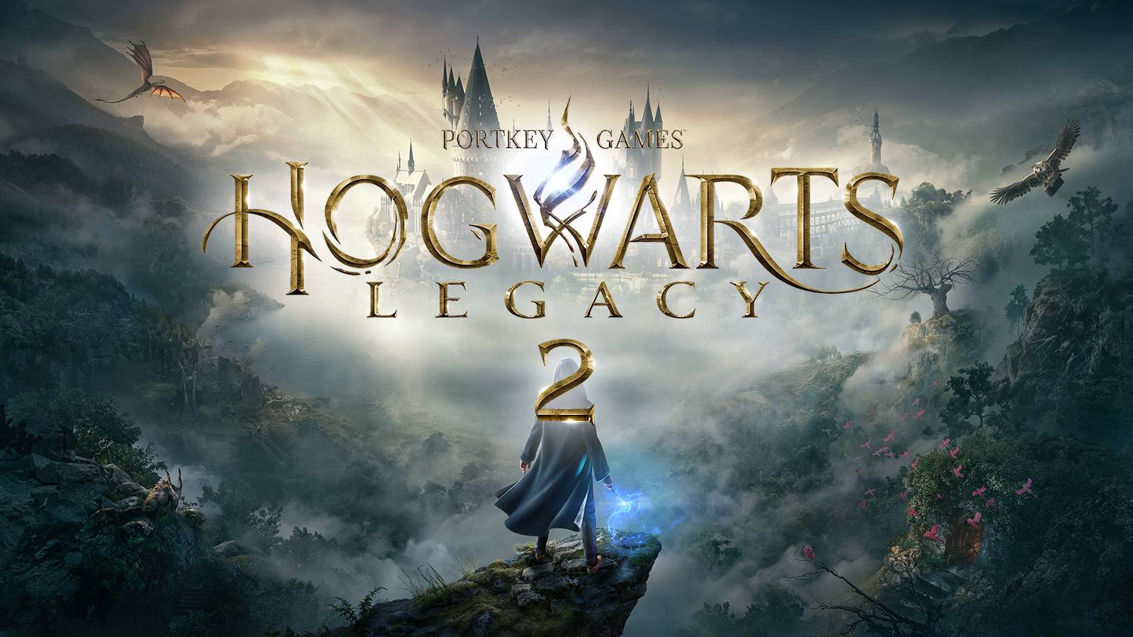 Hogwarts Legacy 2 fake logo over Hogwarts Legacy key art