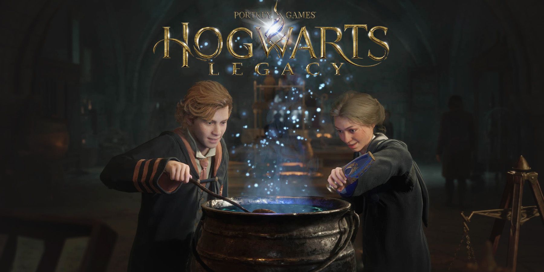 Hogwarts Legacy two characters making potion in cauldron beneath game logo