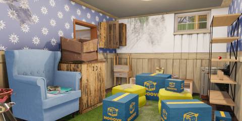 A dirty room with boxes in House Flipper 2