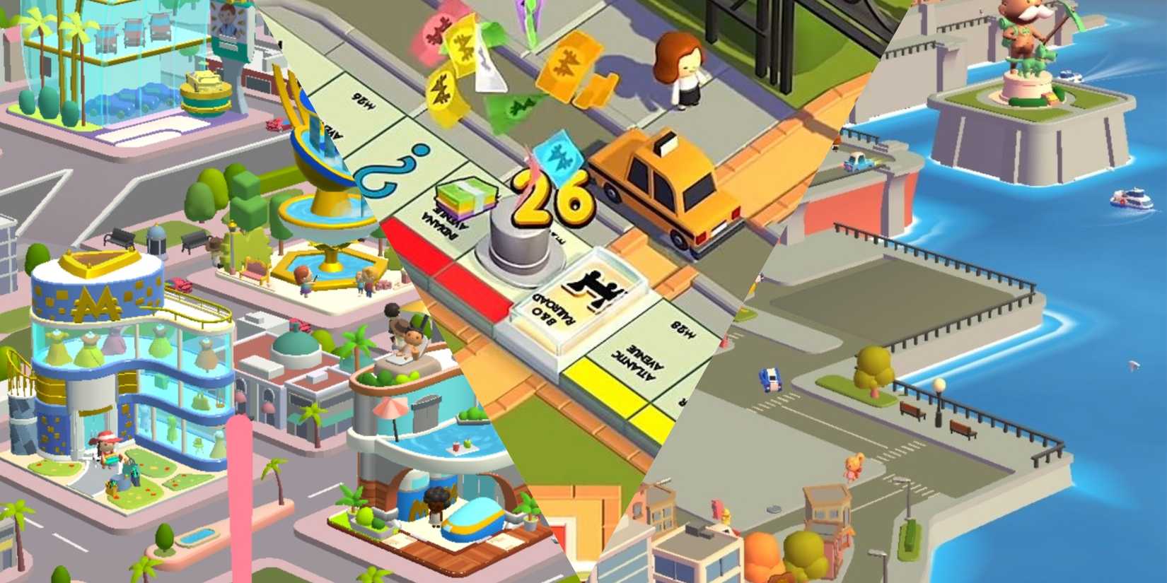 three screenshots related to landmarks in the game monopoly go