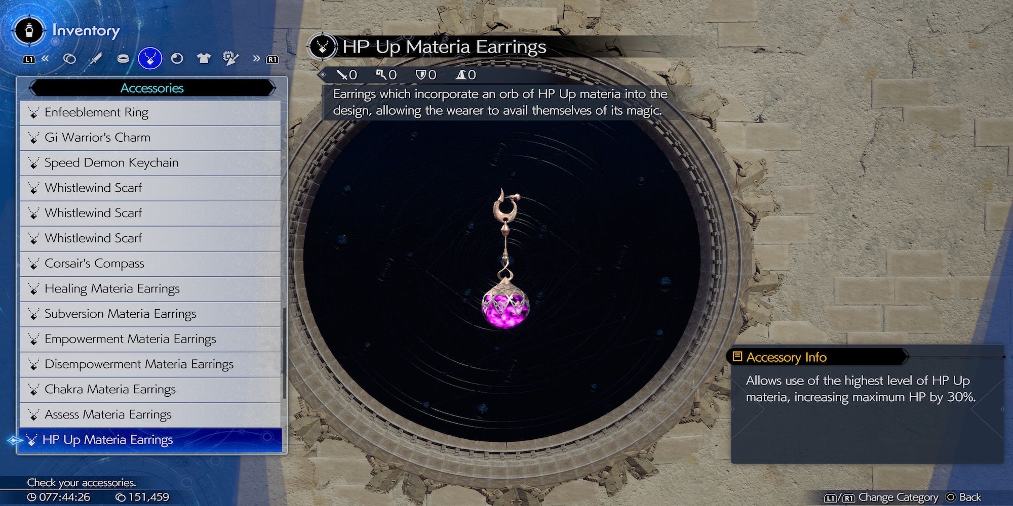 HP Up Materia Earrings accessory in Final Fantasy 7 Rebirth