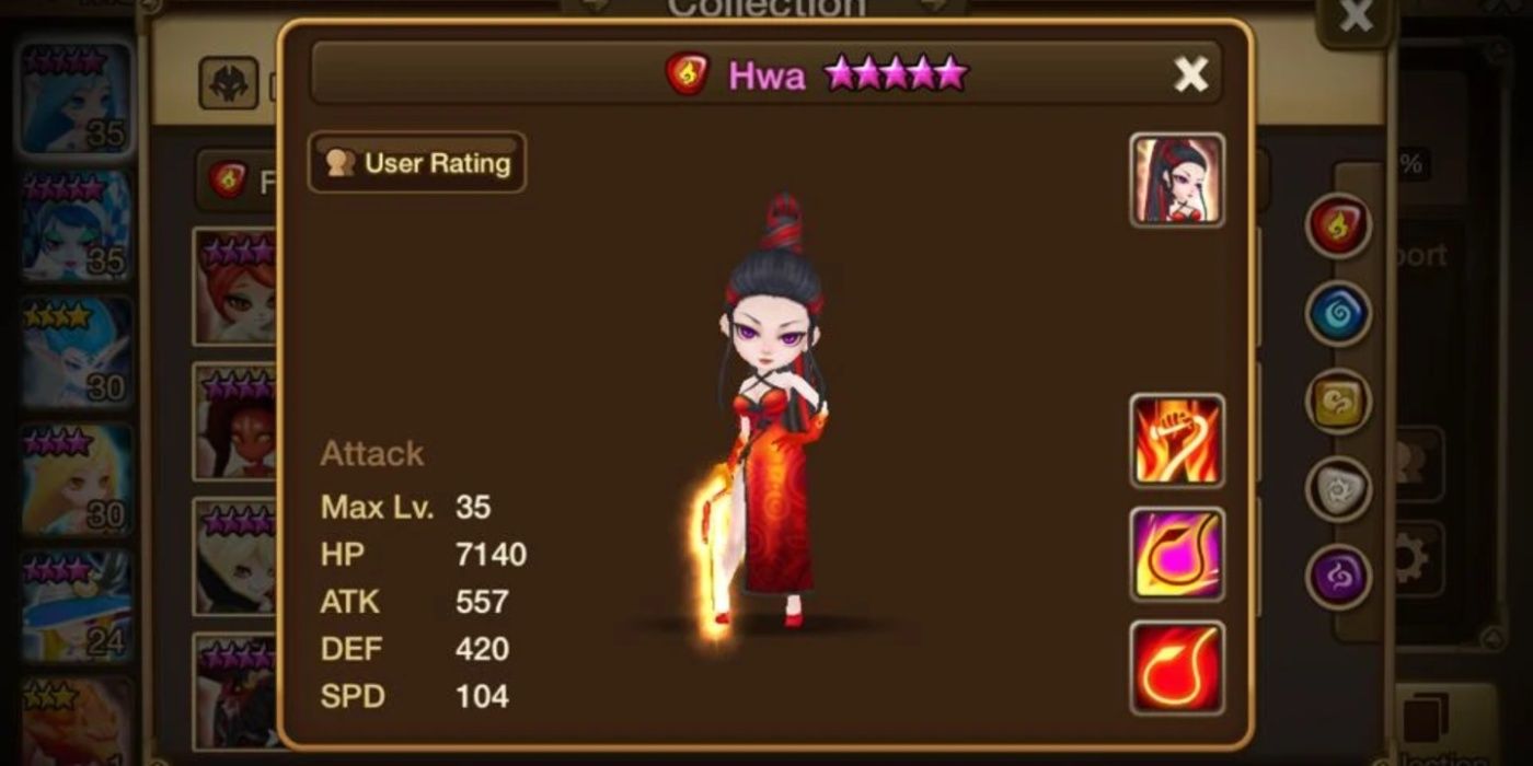Hwa from Summoners War on a page giving her stats and rune enhancements.
