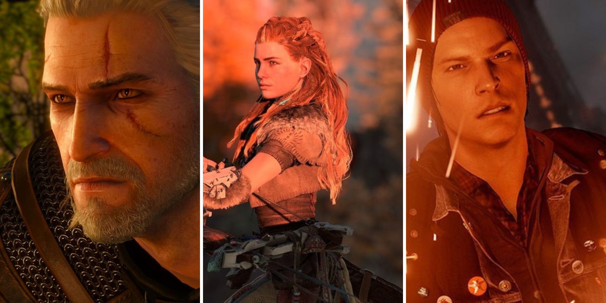 A grid showing the open-world games The Witcher 3: Wild Hunt, Horizon: Zero Dawn, and Infamous: Second Son