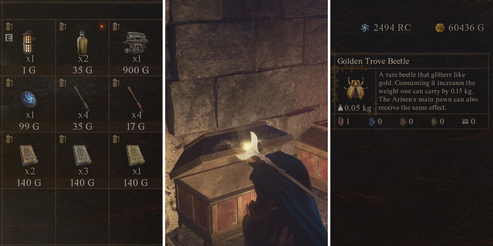 A grid showing inventory and a player opening a chest in Dragon’s Dogma 2