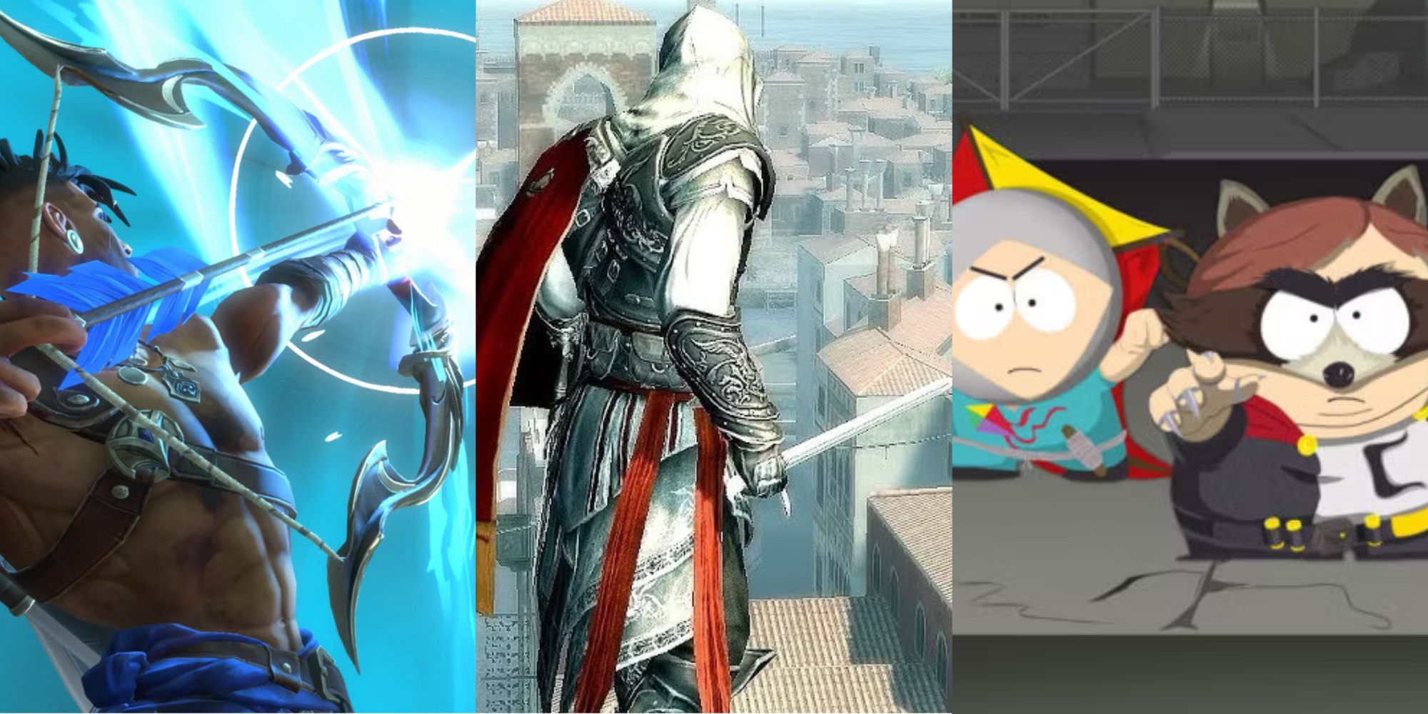Sargon Firing Glowing Blue Arrow, Ezio On Rooftops, Kyle And Cartman As Superheroes