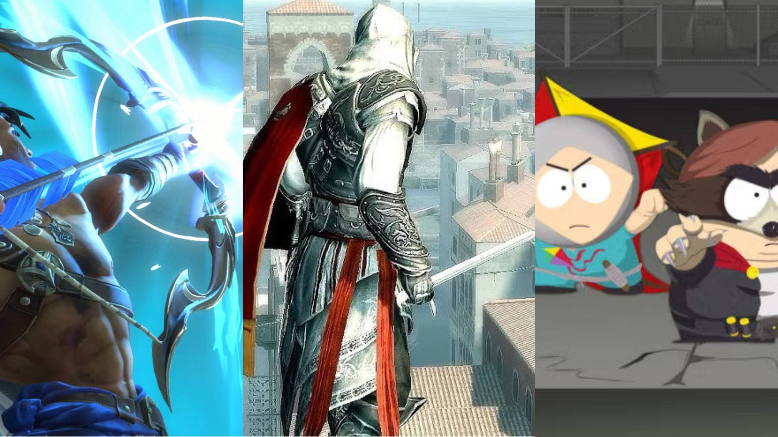 Sargon Firing Glowing Blue Arrow, Ezio On Rooftops, Kyle And Cartman As Superheroes