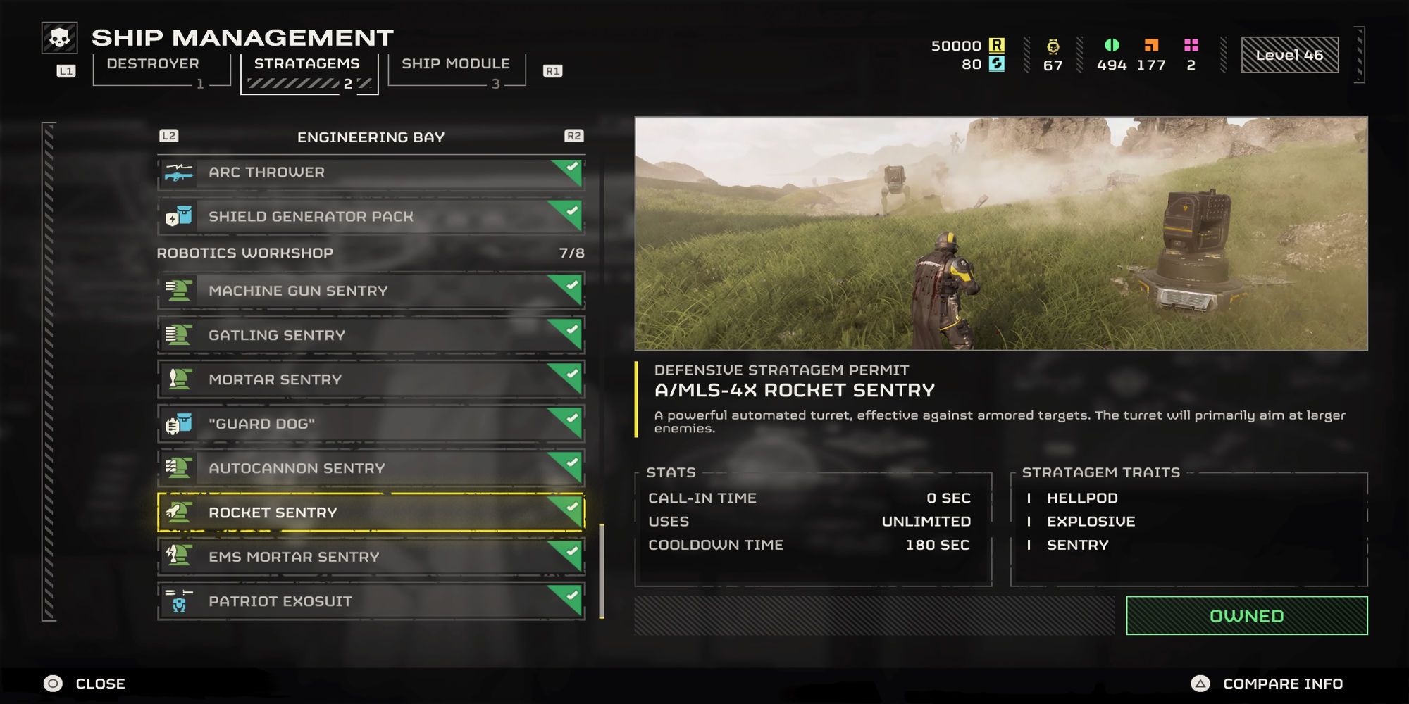 Menu Description for Rocket Sentry