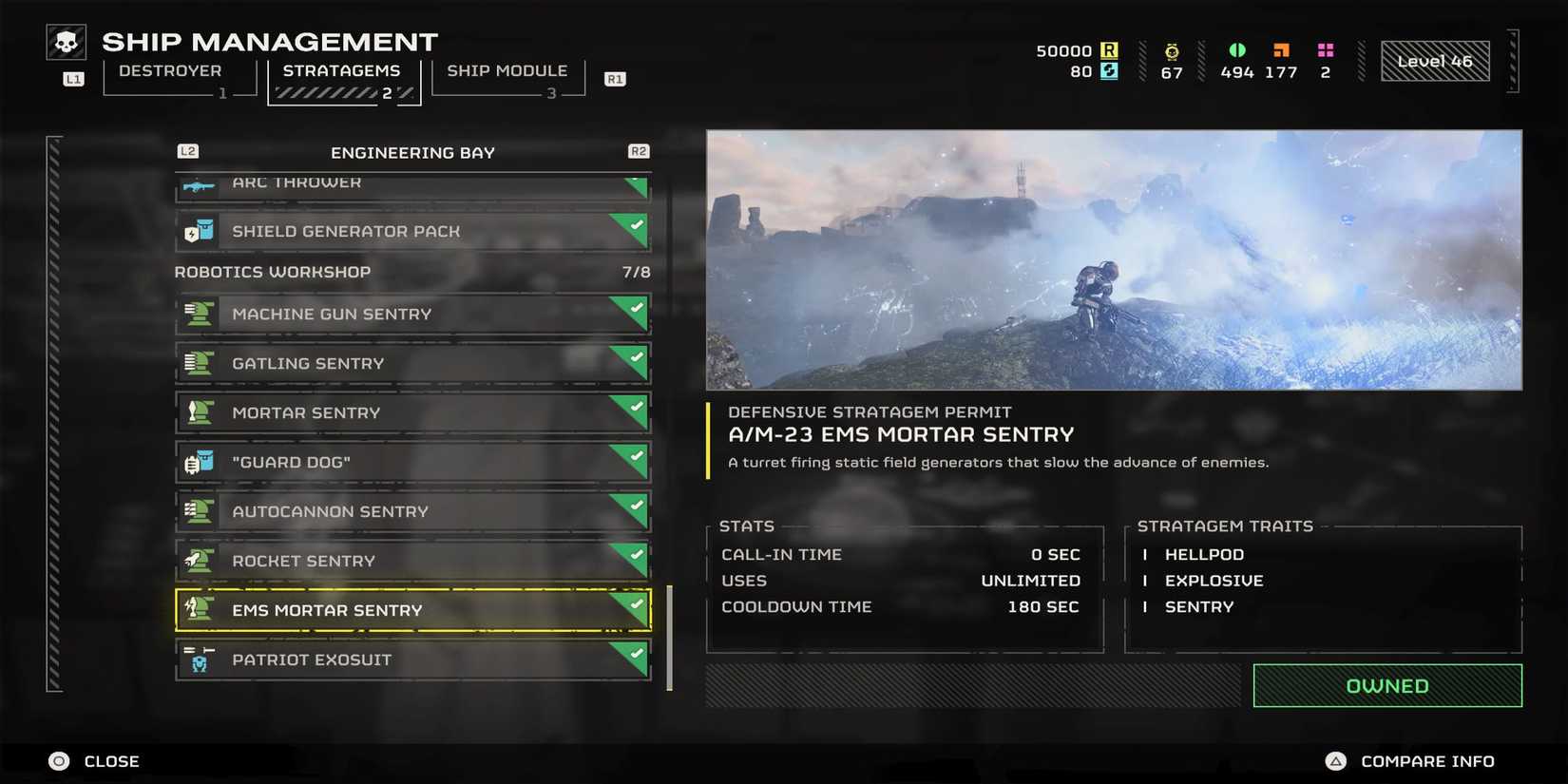 Menu description for Mortar Sentry