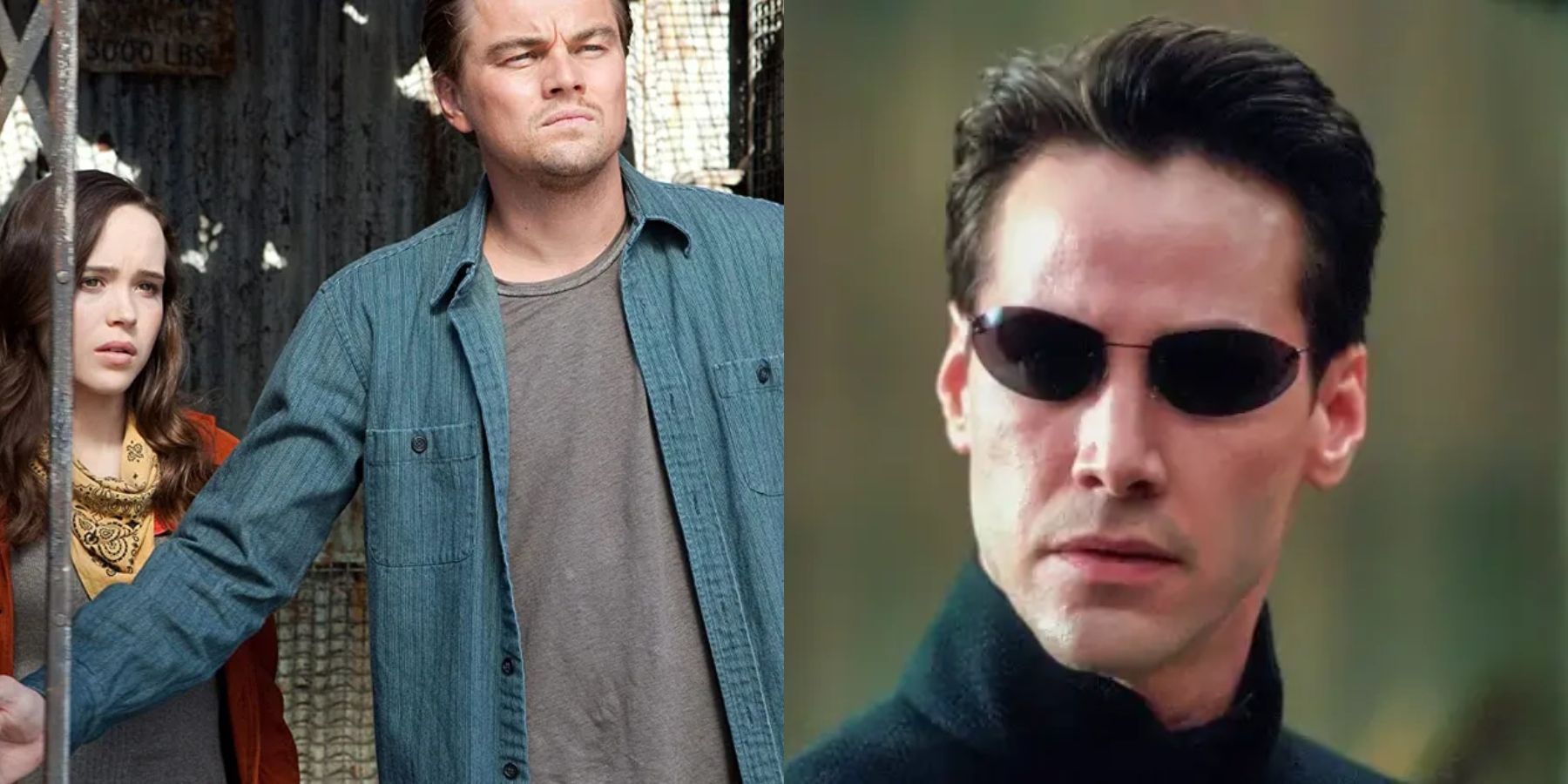 Split image of Elliot Page and Leonardo DiCaprio in Inception and Keanu Reeves in The Matrix