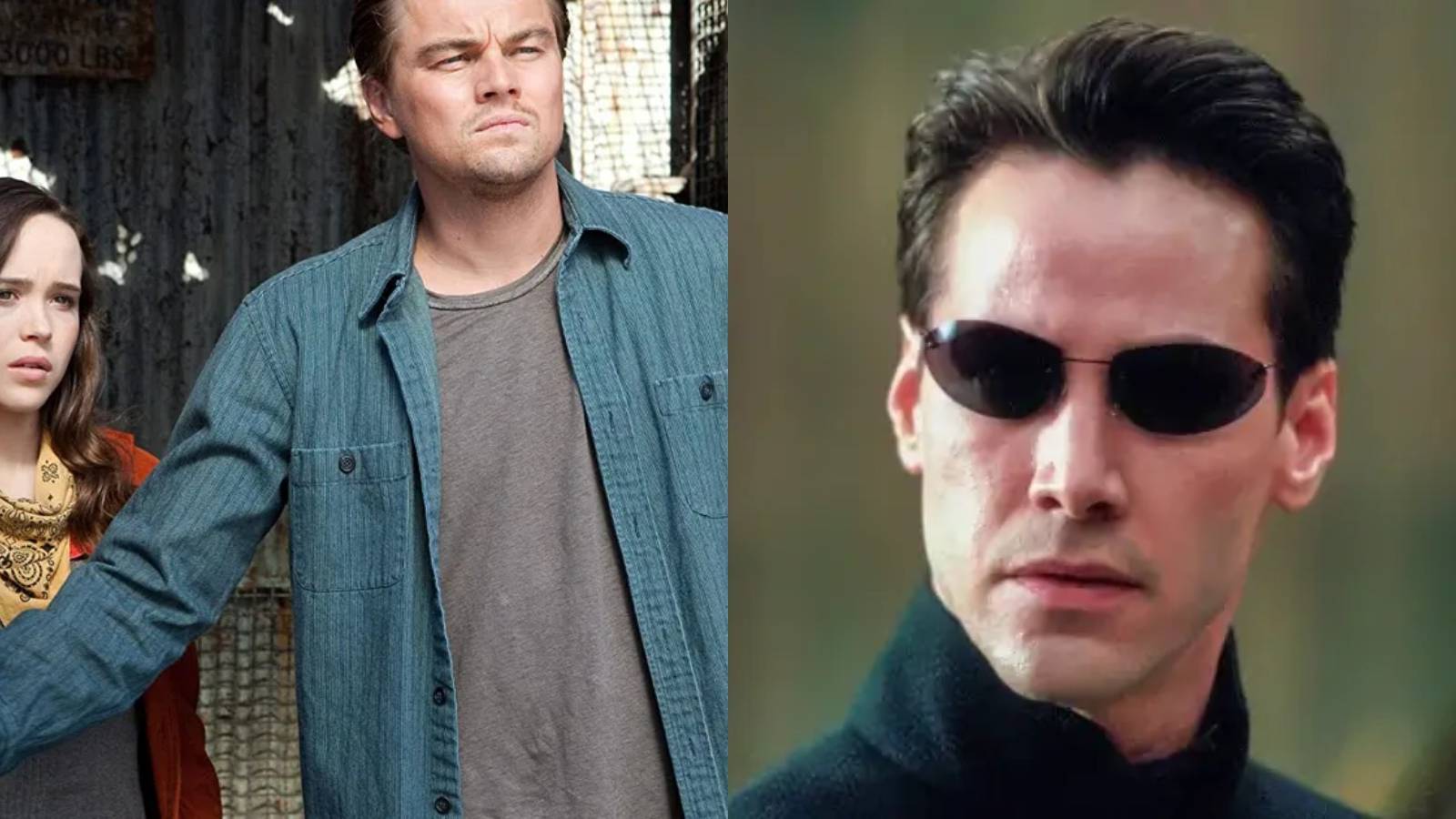 Split image of Elliot Page and Leonardo DiCaprio in Inception and Keanu Reeves in The Matrix