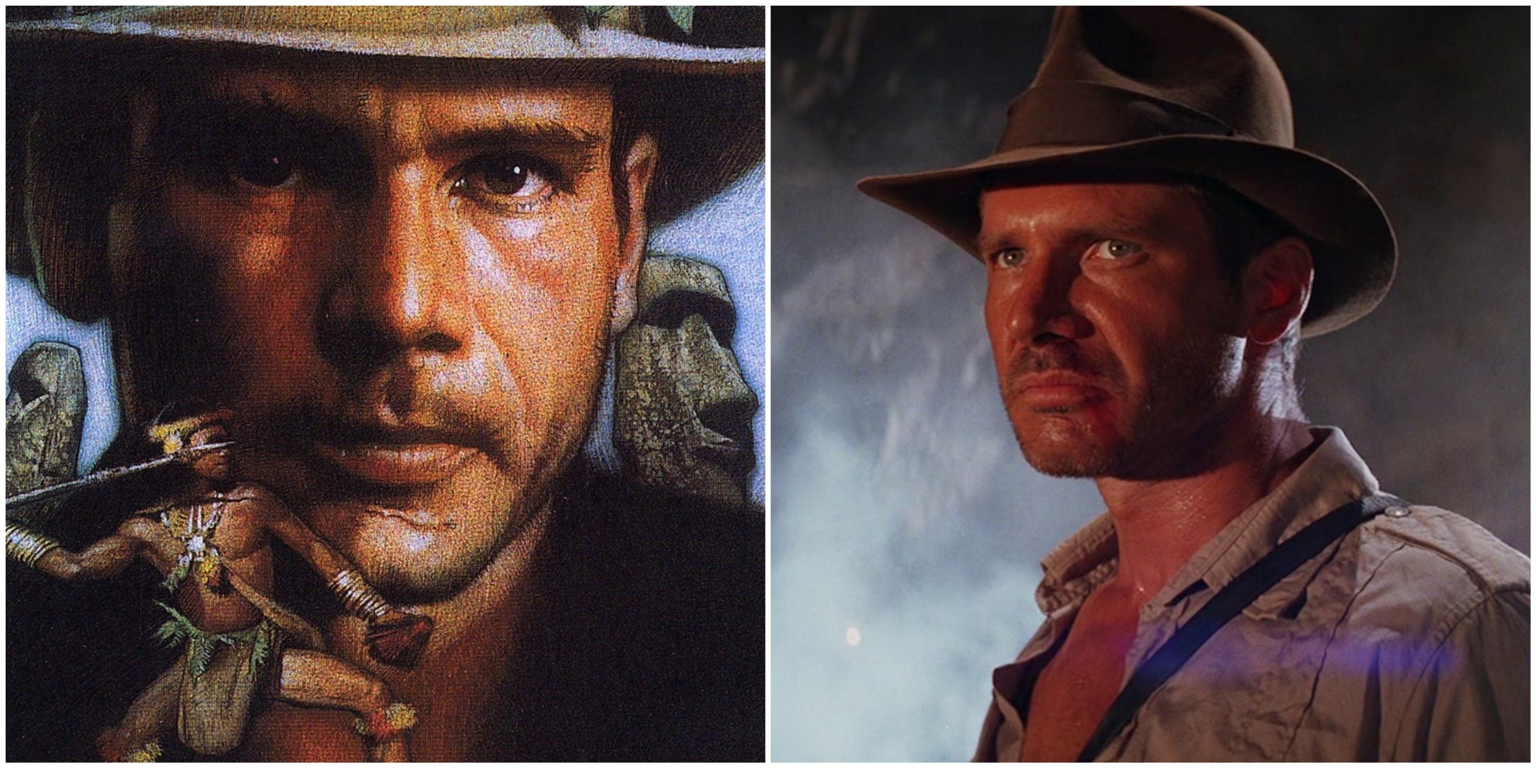 Indiana Jones and the Interior World cover by Drew Struzan and Indy in Indiana Jones and the Temple of Doom