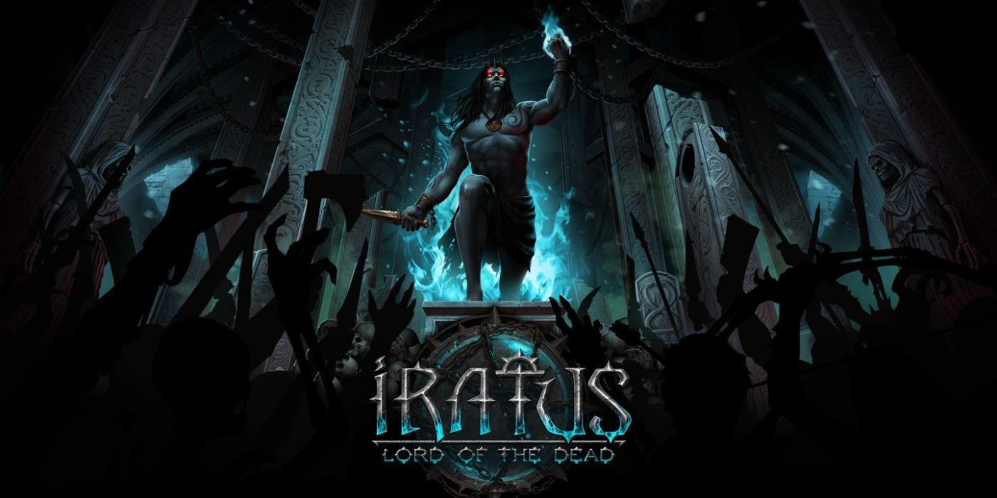Iratus Lord Of The Dead title card, Iratus towering over crowd of undead