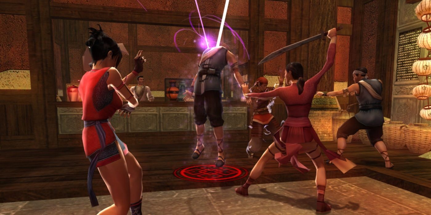 Jade Empire battle occurring outside a shop