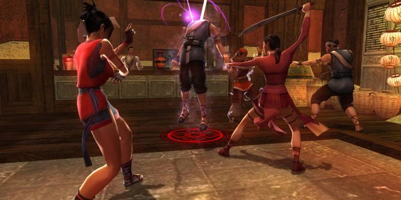 Characters magically lifting an enemy into the air in Jade Empire.