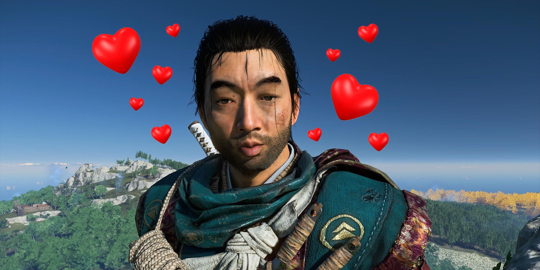 Jin making a kiss face with hearts around him in Ghost of Tsushima