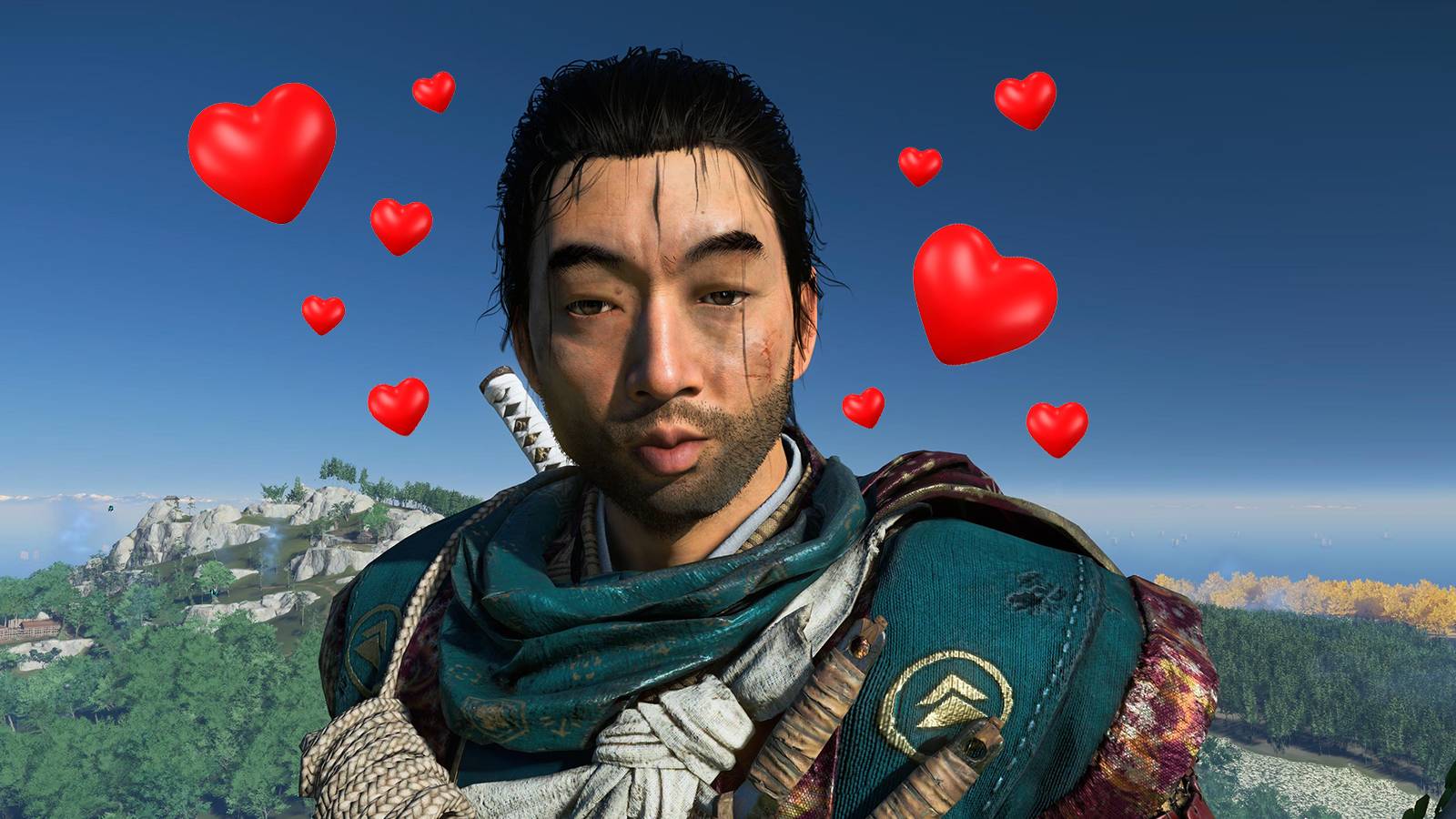 Jin making a kiss face with hearts around him in Ghost of Tsushima
