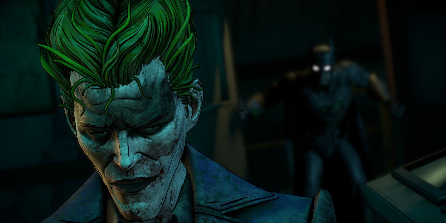 Joker with Batman in the background 
