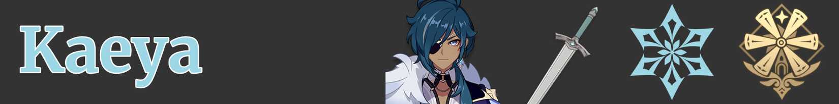 a narrow image strip with icons representing kaeya's weapon, element, and region - sword cryo mondstadt - genshin impact