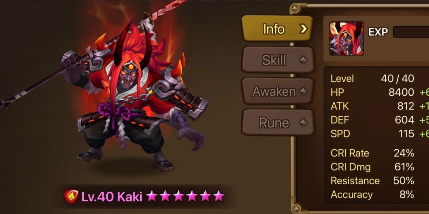 The stats page of a level forty Kaki from Summoners War.