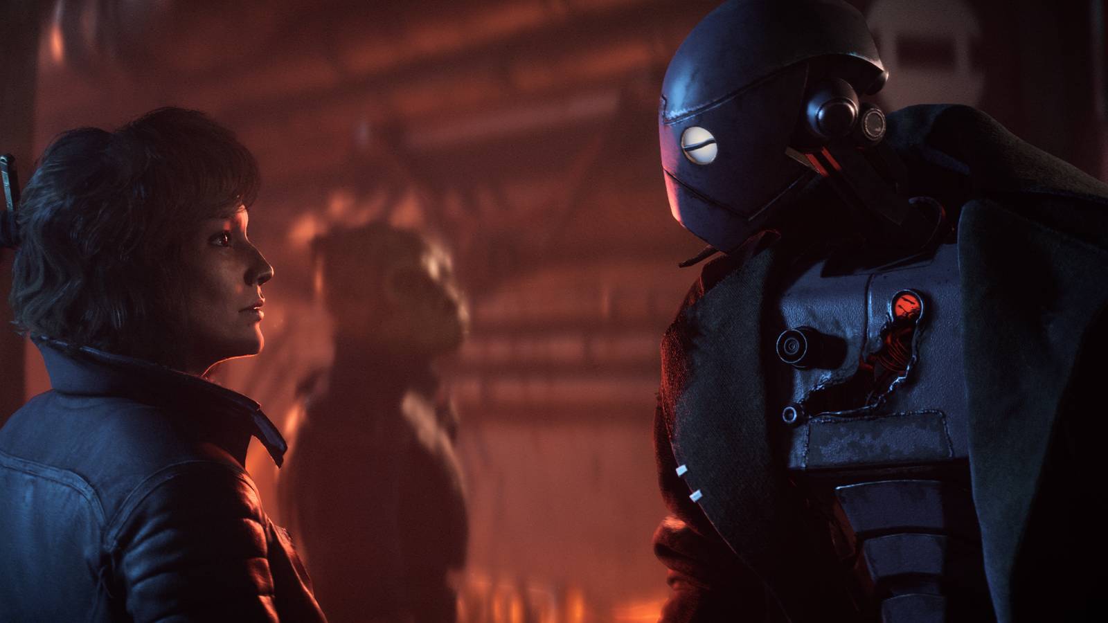 Kay speaking with ND-5 in Star Wars Outlaws