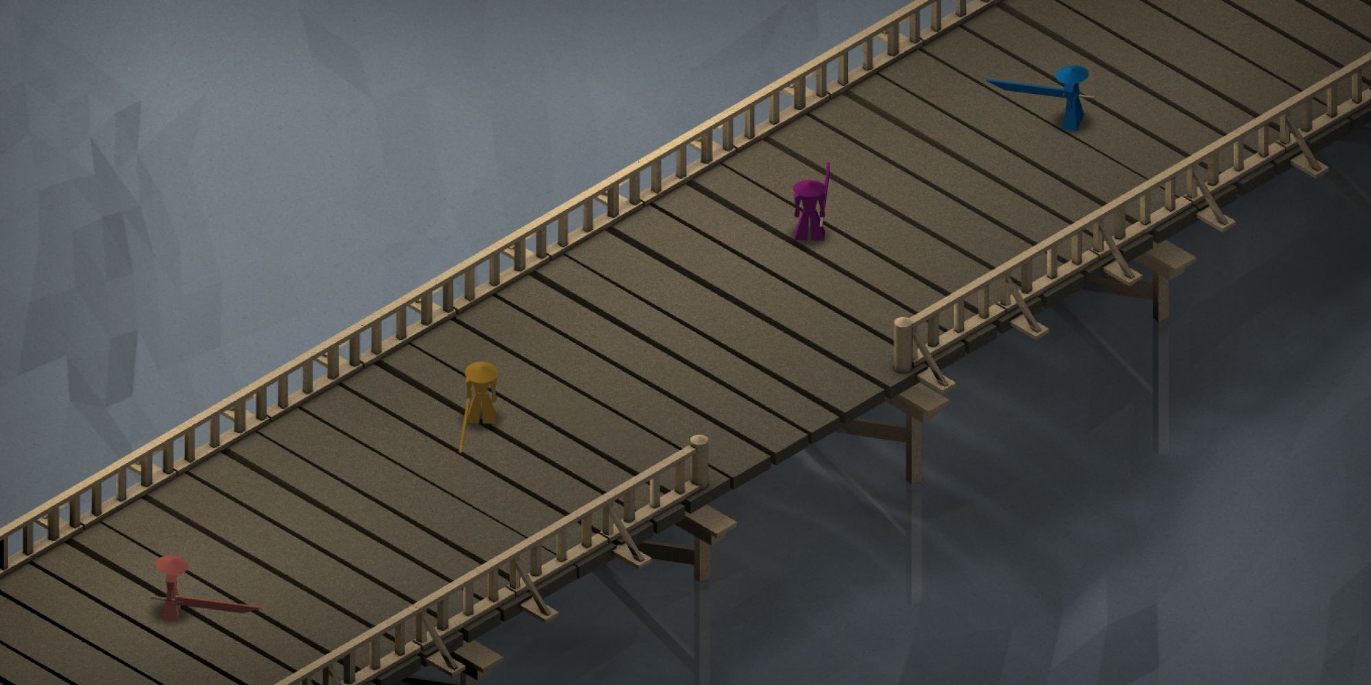 Four colored samurai on a bridge in Kyoto Wild