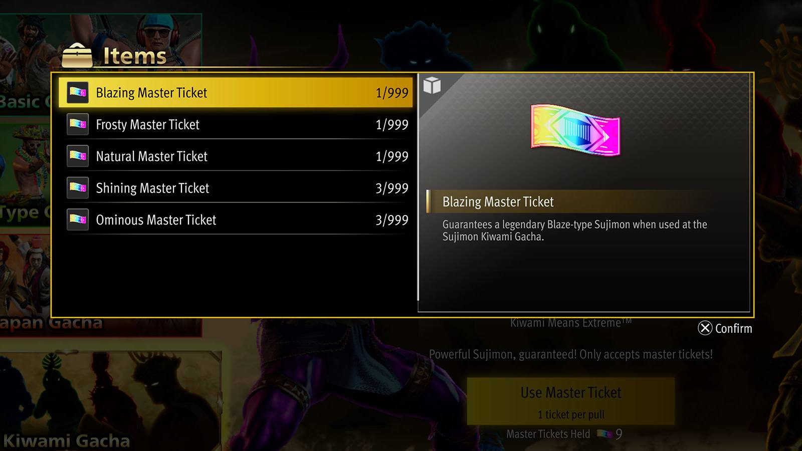 Kiwami Master Tickets in Sujimon Gacha in Like a Dragon: Infinite Wealth